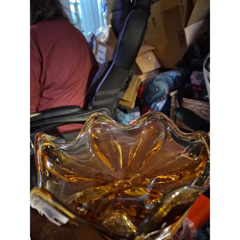 Vintag We Glass E pic Amber 6 Petal Compote Candy Dishnwith Ruffled Handkerchief